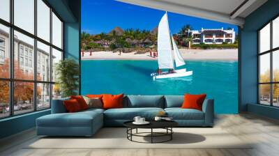 White sailboat in a sea  Zanzibar Beach. Aerial view Wall mural