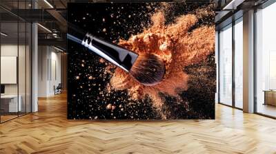  A makeup brush with scattered powder against a black background, highlighting cosmetic elegance.Great for makeup product display or artist portfolio. Wall mural