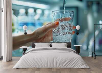  Close-up of a hand holding a glass as fresh water is poured from a refrigerator dispenser Wall mural