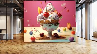 A cup of vanilla ice cream with cherry strawberries and waffles with a shiny metal spoon and copy space on a dark background. Generative AI Wall mural