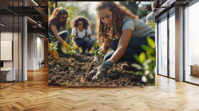 A group of volunteers plant trees in a public park, working together to make a positive impact on the environment. Wall mural