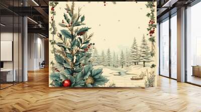 A vintage-style botanical illustration depicting winter flora, including pine branches, red berries, and white flowers, set against an aged parchment background. Wall mural