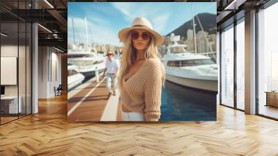 a young woman on the pier against the background of yachts dressed in casual stylish clothes and a straw hat.  Wall mural