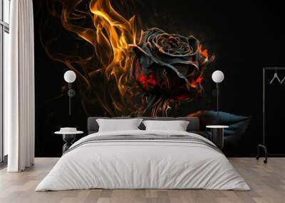 artfully made rose of black metal burns in fire.  generative AI Wall mural