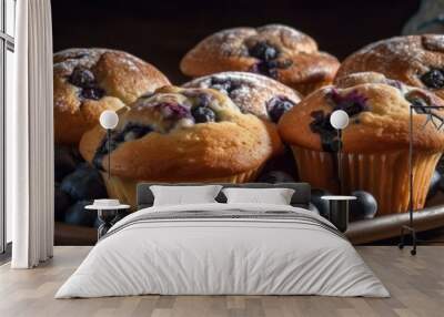 blueberry muffin with berries on a board on a dark background .homemade cakes. Generative AI Wall mural