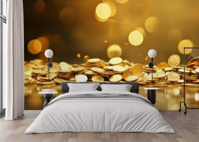 Bright background with falling gold coins, in light yellow and gold style. investment and profit.  Wall mural