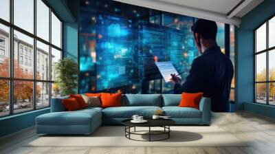 business people check electronic documents on digital documents. work on limitless communication technologies.  Wall mural