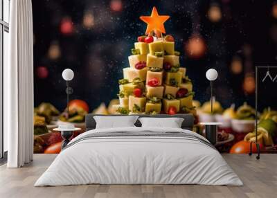 Christmas tree made of cheese and vegetables with a star. photo of christmas food.  Wall mural