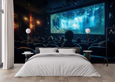 film on screen old retro cinema with red velvet walls and seats. mystical atmosphere.  Wall mural