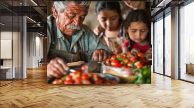 Grandpa cooks traditional Latin American dishes in the kitchen, and the children help and watch Wall mural