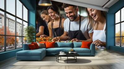 group of young people during cooking classes . Wall mural