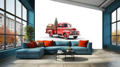 Holiday Red Truck carries a Christmas tree and gifts .on a white background. illustration for postcard or children's book.  Wall mural