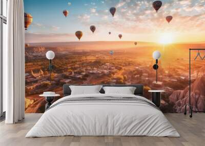 Hot air balloon tour over mountain landscape. Spring dawn . Generative AI Wall mural