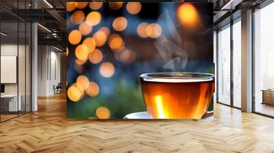 Hot tea in a glass cup with steam on a wooden table on a blurred background of festive illumination Wall mural