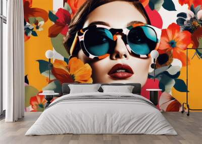 juicy and bright image of a beautiful model in glasses, advertising eyeglass frames on a background of bright colors. Generative AI Wall mural