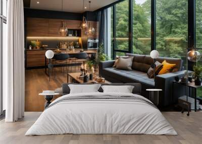 modern eco-space with furniture made from natural materials. eco-house standing in the forest  Wall mural