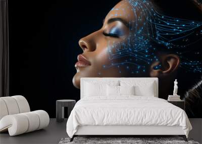 Neon lines on the face of a young woman on a blurred background. introduction of artificial intelligence and the latest technologies in cosmetology and medicine. visual work of nanotechnologies Wall mural