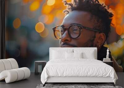 Portrait of a young man in glasses in a moment of good mood on an autumn day Wall mural