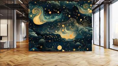 seamless pattern with golden stars on dark blue sky.  Wall mural