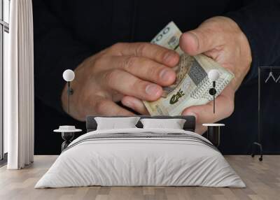 stack of large banknotes in the hands of a man. selective focus Wall mural