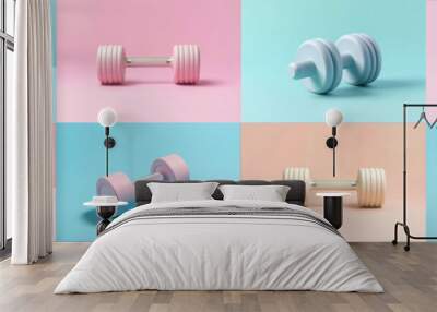 The concept of fitness and healthy sports. Pastel color dumbbell on pastel background.set or banner Generative AI Wall mural