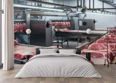 Thick cuts of raw meat on a conveyor belt pink fresh factory line.conveyor with meat. Generative AI Wall mural