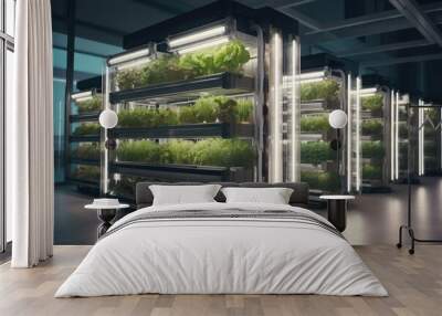 Vertical farming is sustainable agriculture for the food of the future. Greens and vegetables grown on a vertical farm.. generative AI Wall mural