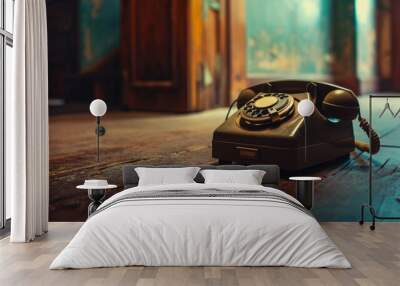 Vintage telephone standing on wooden floor in old house Wall mural