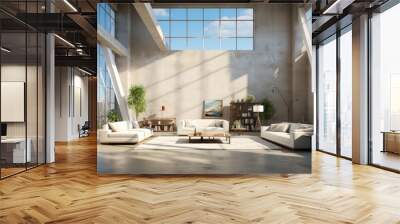 White empty modern open space loft office interior, glass walls and large windows, bright white home furnishings.  Wall mural