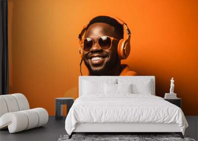 young happy african american man on a bright background in headphones listens to music. Generative AI Wall mural