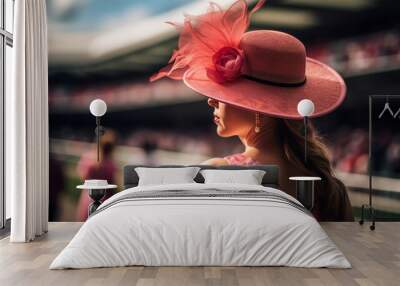 young woman in a beautiful elegant red hat on the hippodrome before the races. hat parade at the races.tradition Wall mural