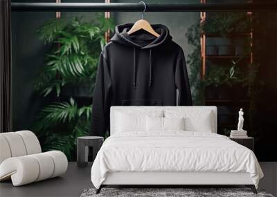 Blank black male hooded sweatshirt long sleeve mockup on concrete wall background with houseplants. Generative AI Wall mural