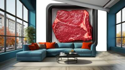 Raw beef steak in black plastic tray on transparent background, ready for cooking, showcasing freshness and high-quality meat for culinary preparation Wall mural