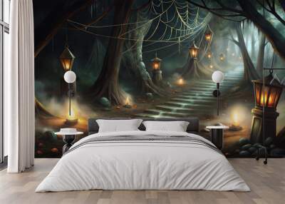 Mystical forest path with glowing lanterns in ethereal colors representing a magical journey Wall mural