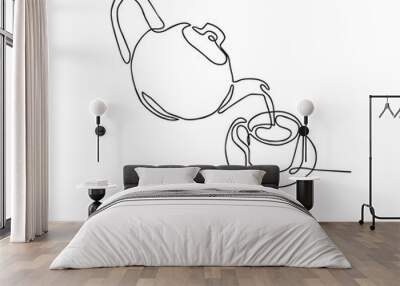 continuous line drawing of Tea pot and tea cup on a white background. Wall mural