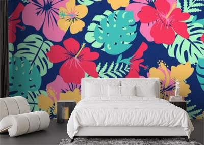 tropical leaves and flowers hibiscus flower hawaii summer background. Wall mural