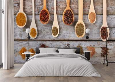 Beautiful wooden spoons with spices top view. Wall mural