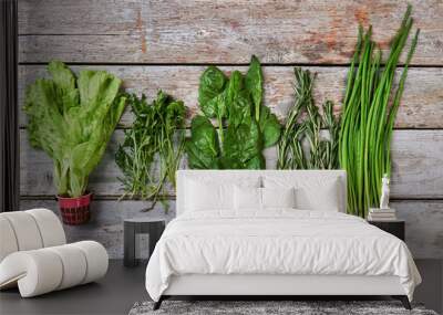 Culinary herbs on wooden background. Wall mural