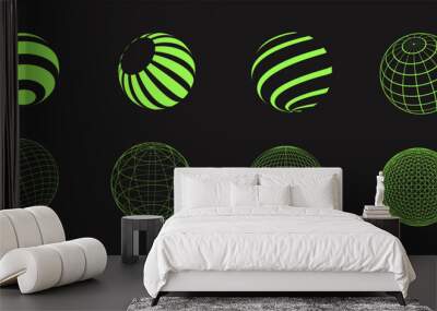 Set of wireframe shapes. Cyber neo futuristic grids, 3d mesh objects and shapes. Wireframe wavy geometric perspective ball, sphere. 80s cyberpunk elements, vector set. Wall mural