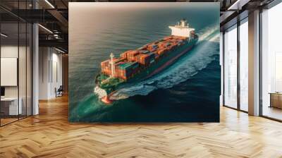 Cargo ship in the ocean with containers. Top view Wall mural