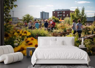 Community garden with individuals from different walks of life tend to their plots. Native plants, green spaces and local sustainability efforts. Wall mural