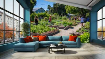 Community garden with individuals from different walks of life tend to their plots. Native plants, green spaces and local sustainability efforts. Wall mural