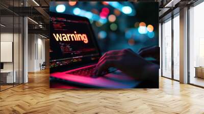 Cybersecurity warning alert on laptop screen with typing hands. Wall mural