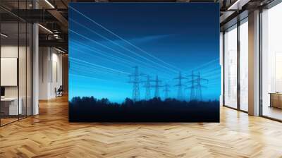 Electric pylons under moonlight at blue night. Electricity lines and electric power station in the sky at night Wall mural