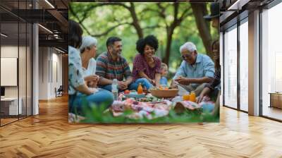 Group of diverse friends having a picnic Wall mural