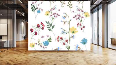 Hand drawn flower collection. Various flowers from fields and meadows in bouquets. Big set botanic branches, leaves, foliage, herbs, wild plants. Bloom vector illustration isolated on white background Wall mural