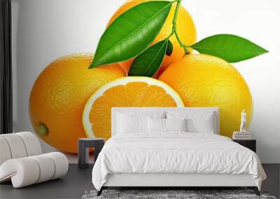 Oranges with leaves isolated on white background Wall mural