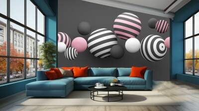 Abstract composition with striped spheres on a black background. 3d rendering Wall mural