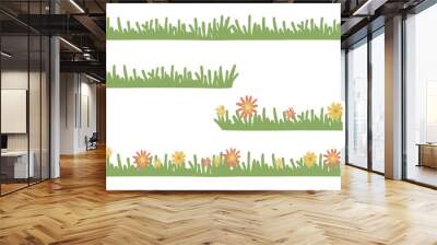 Set of grass and flowers. Collection of simple nature landscape borders. Cartoon kids style. Hand drawing vector illustration isolated on white background  Wall mural