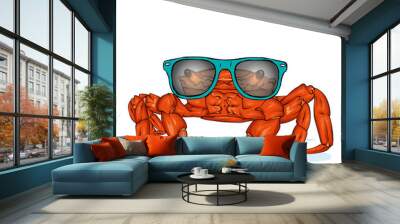 Sketch crab with sunglasses vector.  Hand drawn seafood illustration. Great for menu, poster or label. Wall mural